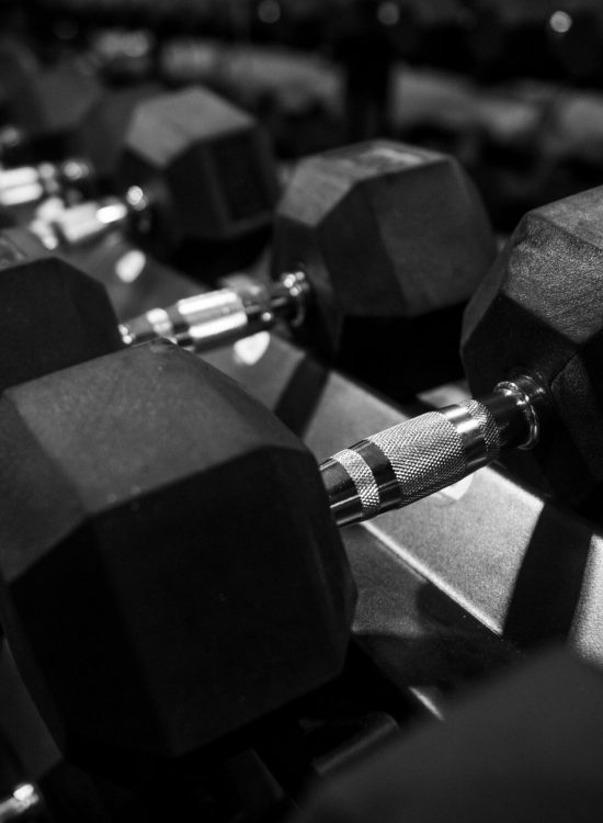 Weights on dumbbell rack for use in strength training