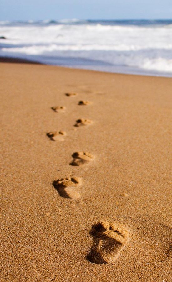 Footprints in sand walking towards ocean